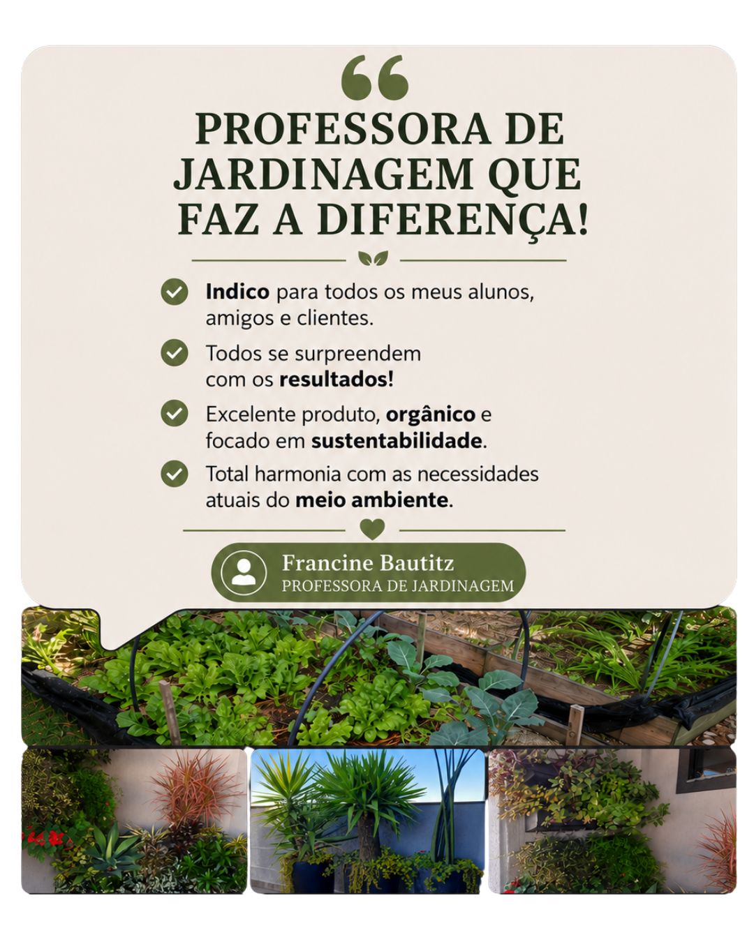 Francine — card de depoimento, professora de jardinagem que faz a diferença